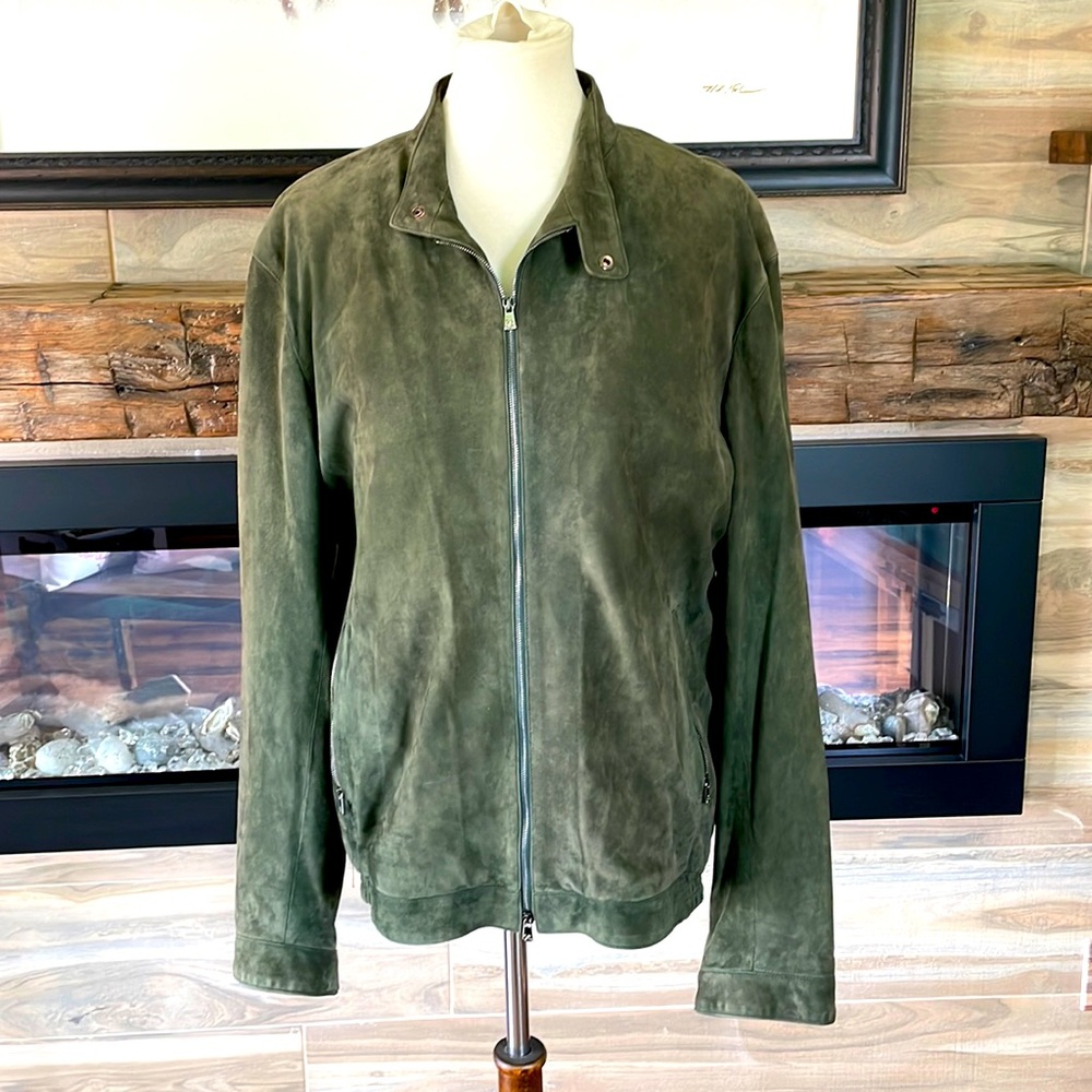 Isaia suede olive jacket. Size European 42. NWT